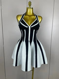 Sexy Backless Black White Stripes Halter Bandage A Line Short Dress Women Celebrity Elegant Evening Party Holiday Club Dress black