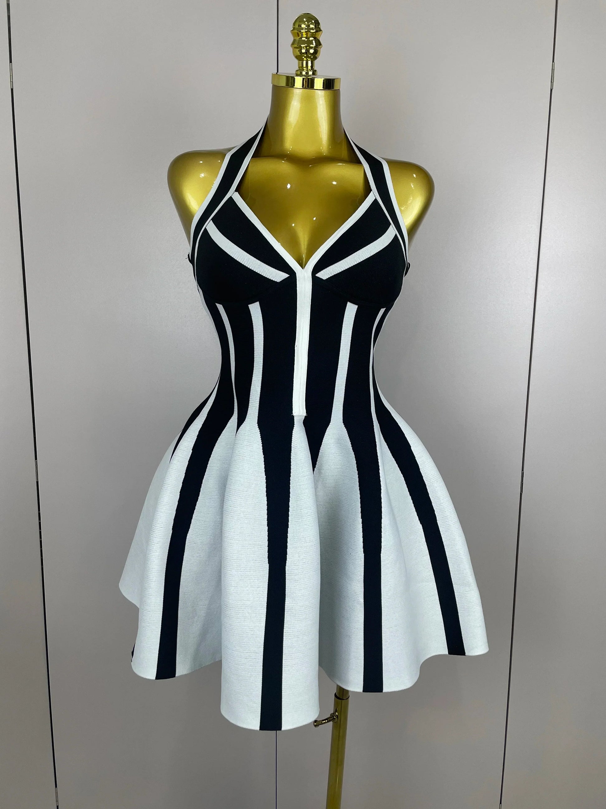Sexy Backless Black White Stripes Halter Bandage A Line Short Dress Women Celebrity Elegant Evening Party Holiday Club Dress black