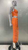 Orange Color Women Sleeveless Sexy 2 Pieces Shinning Rhinestones Bodycon Long Dress Fashion Celebrate Nightclub Party Dress