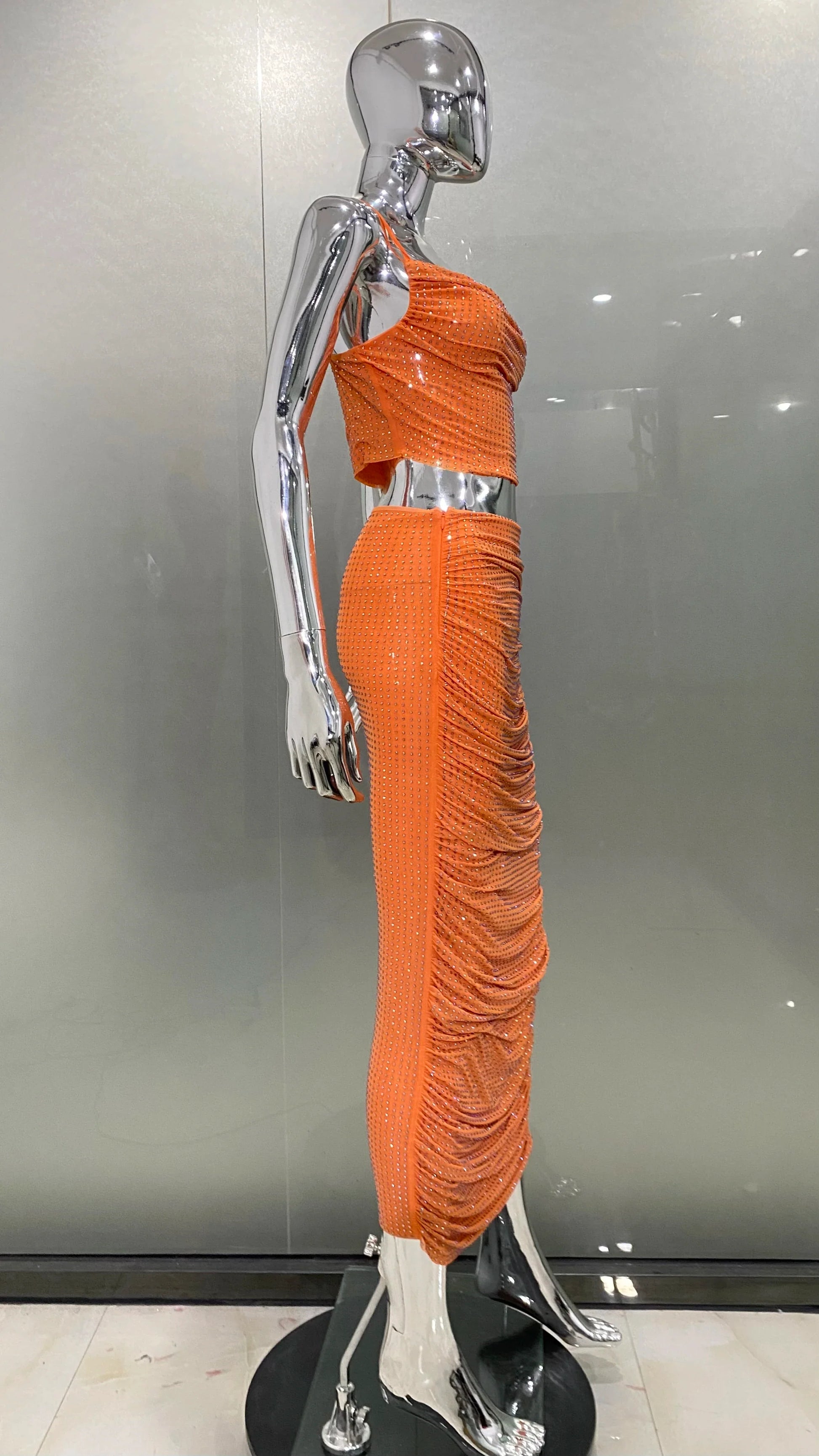 Orange Color Women Sleeveless Sexy 2 Pieces Shinning Rhinestones Bodycon Long Dress Fashion Celebrate Nightclub Party Dress