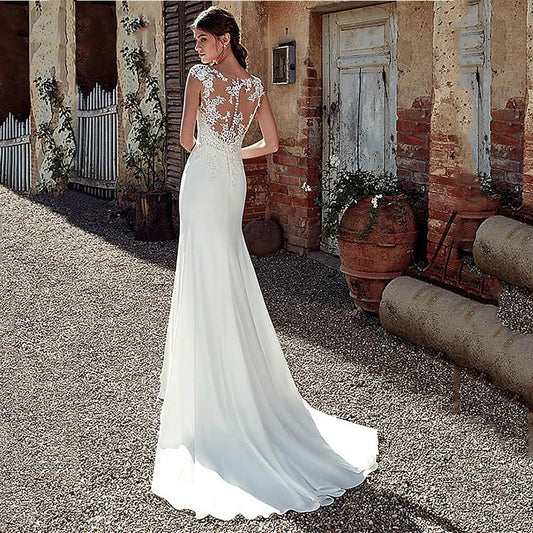 Cap Sleeve Appliques Lace Sheath Wedding Jurk Illusion Bohemian Bridal Troogs Beach Satin Vestido de Novia
