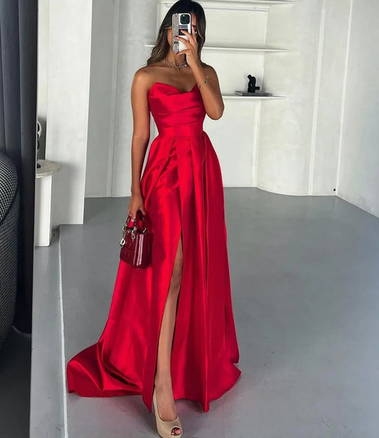 Red A Line Evening Dresses Sexy Side Prom Dress Sweetheart Long Celebrity Formal Occasion Party Gowns Gala Dress As Picture