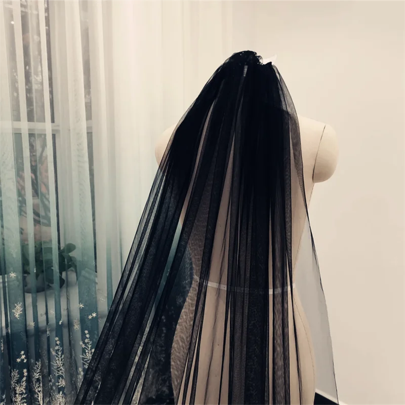 1 Layer Black Applique Wedding Veil Lace Cathedral Length Bridal Veil