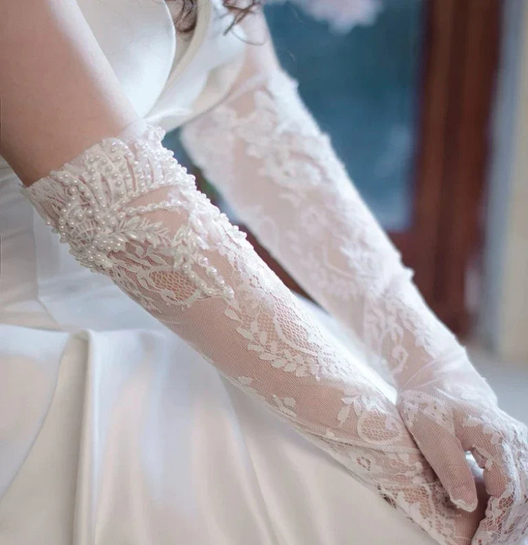 Lace Long Bridal Gloves Flower Wristband Pearl Wedding Glove For Women Girl Party Evening Dress Jewelry Brides Accessories a