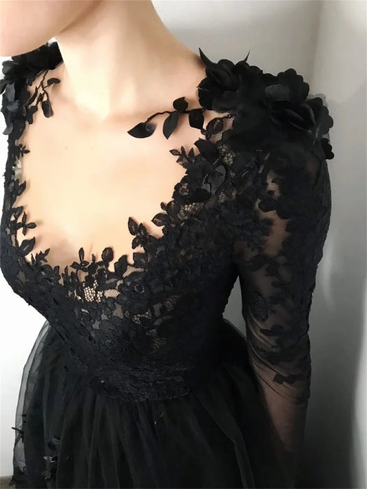 Luxury Lace Embroid Prom Dress Sexy Long Sleeve A-line فساتين السهرة Black 3D Flower Embroid Vestidos De Noche