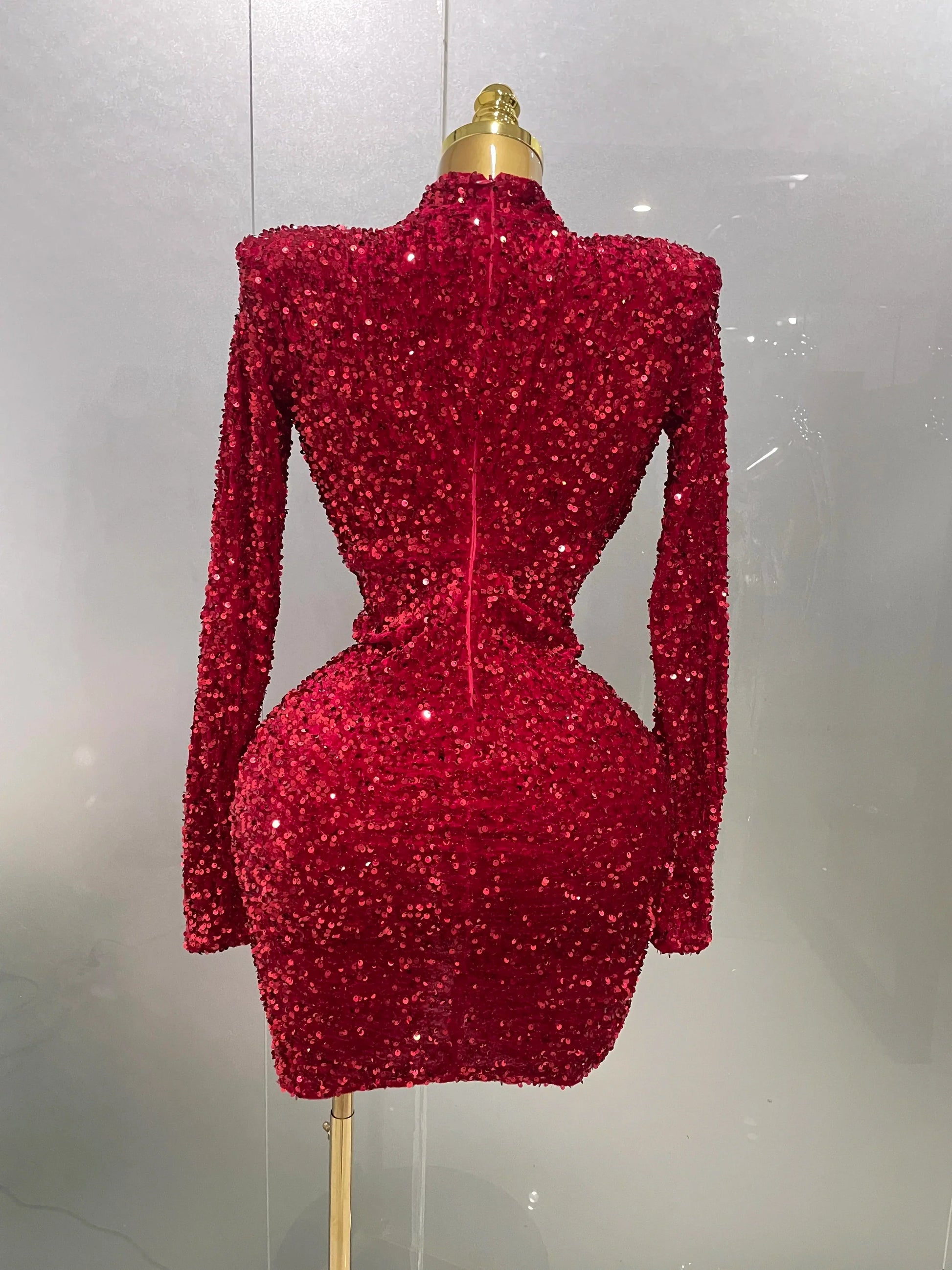 Sexy Sparkly Red Sequins Long Sleeve Short Dress Women Evening Celebrate Birthday Party Club Performance Stage Costume