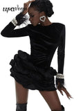 2024 Elegant Women's Patchwork Draped Bandage Dress O-neck Long Sleeve Beaded Feather Design Bodycon Asymmetric Mini Dresses