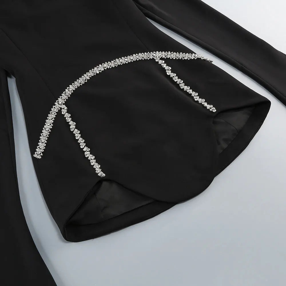 Light Luxury Water Diamond Mini Dress Stand Collar Long Sleeve Bodycon Asymmetric Dress Cocktail Evening Club Party Vestido