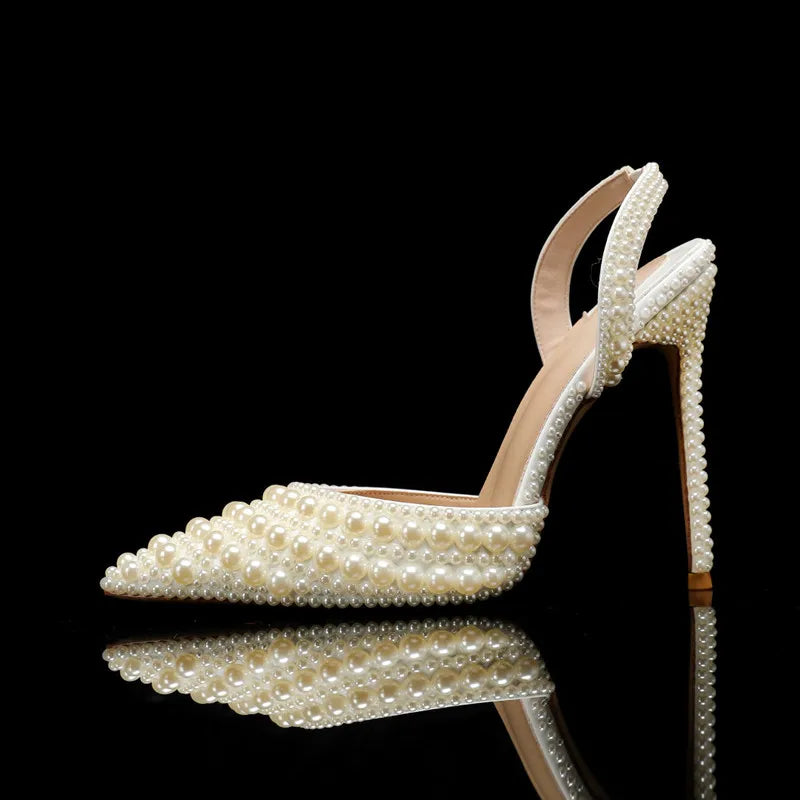 Luxury Handmade Full Pearls Wedding Women Pumps Elegant Pointed toe Slingbacks high heels Fashion Summer Party Bridal Shoes Beige