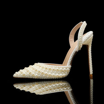 Elegant White Viscose Pointed Toe Slingback Pumps with Full Pearls for Summer Wedding Beige