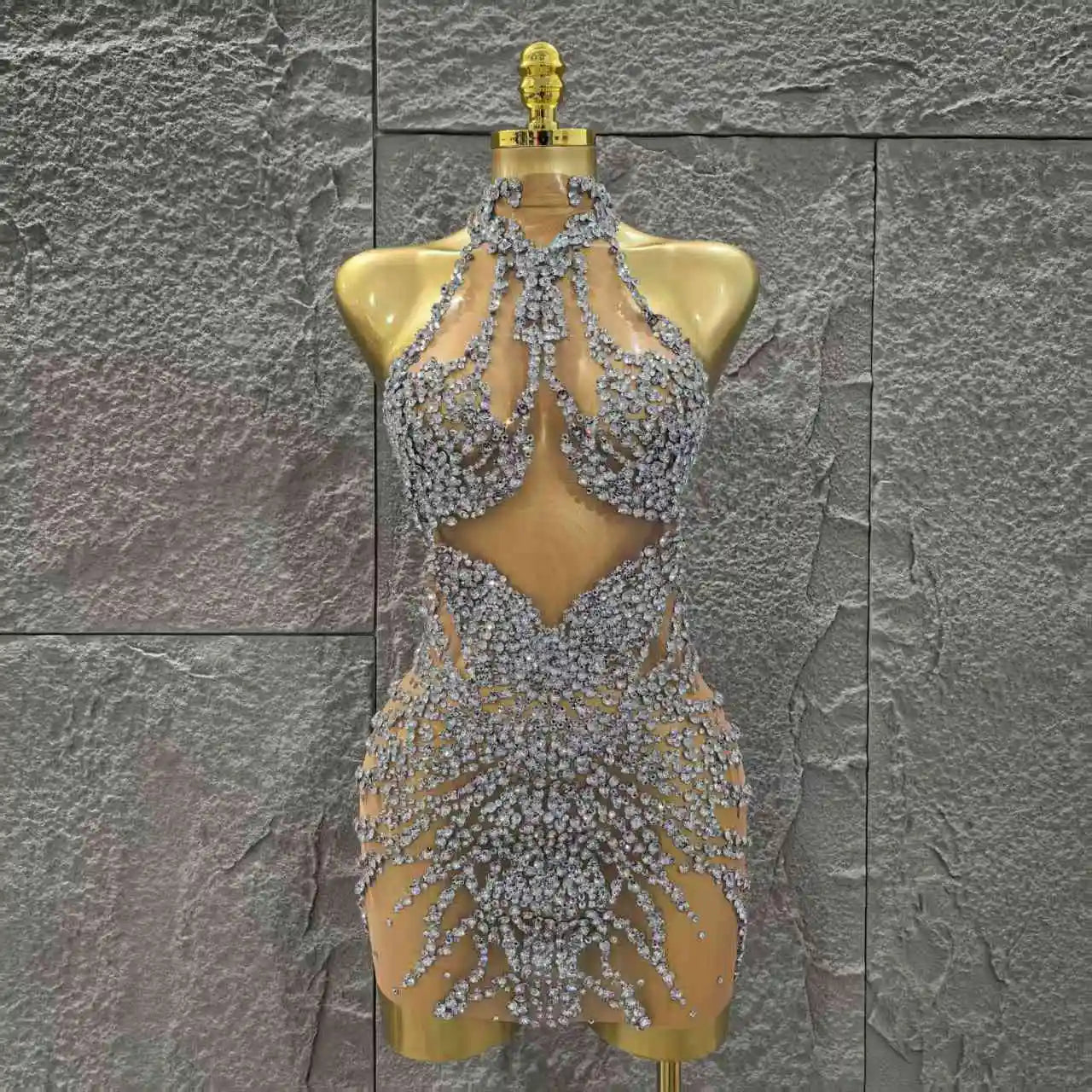 Women Sleeveless Sexy Off the Shoulder Shinning Crystal Bodycon Mini Dress Mesh See Through Celebrate Nightclub Party Stage Wear Silver
