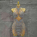 Women Sleeveless Sexy Off the Shoulder Shinning Crystal Bodycon Mini Dress Mesh See Through Celebrate Nightclub Party Stage Wear Silver