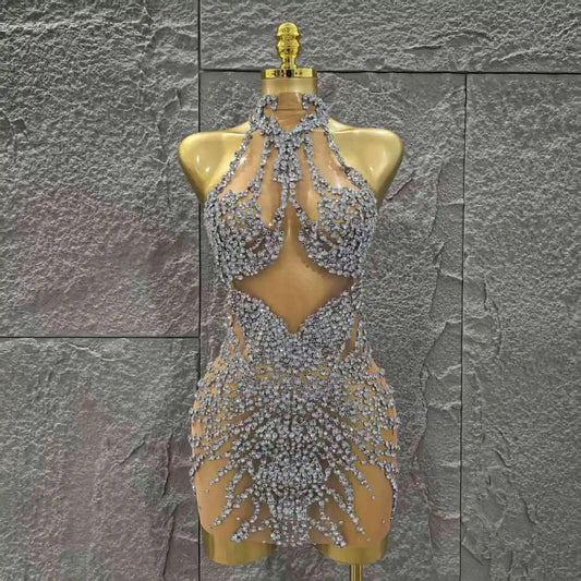 Women Sleeveless Sexy Off the Shoulder Shinning Crystal Bodycon Mini Dress Mesh See Through Celebrate Nightclub Party Stage Wear Silver