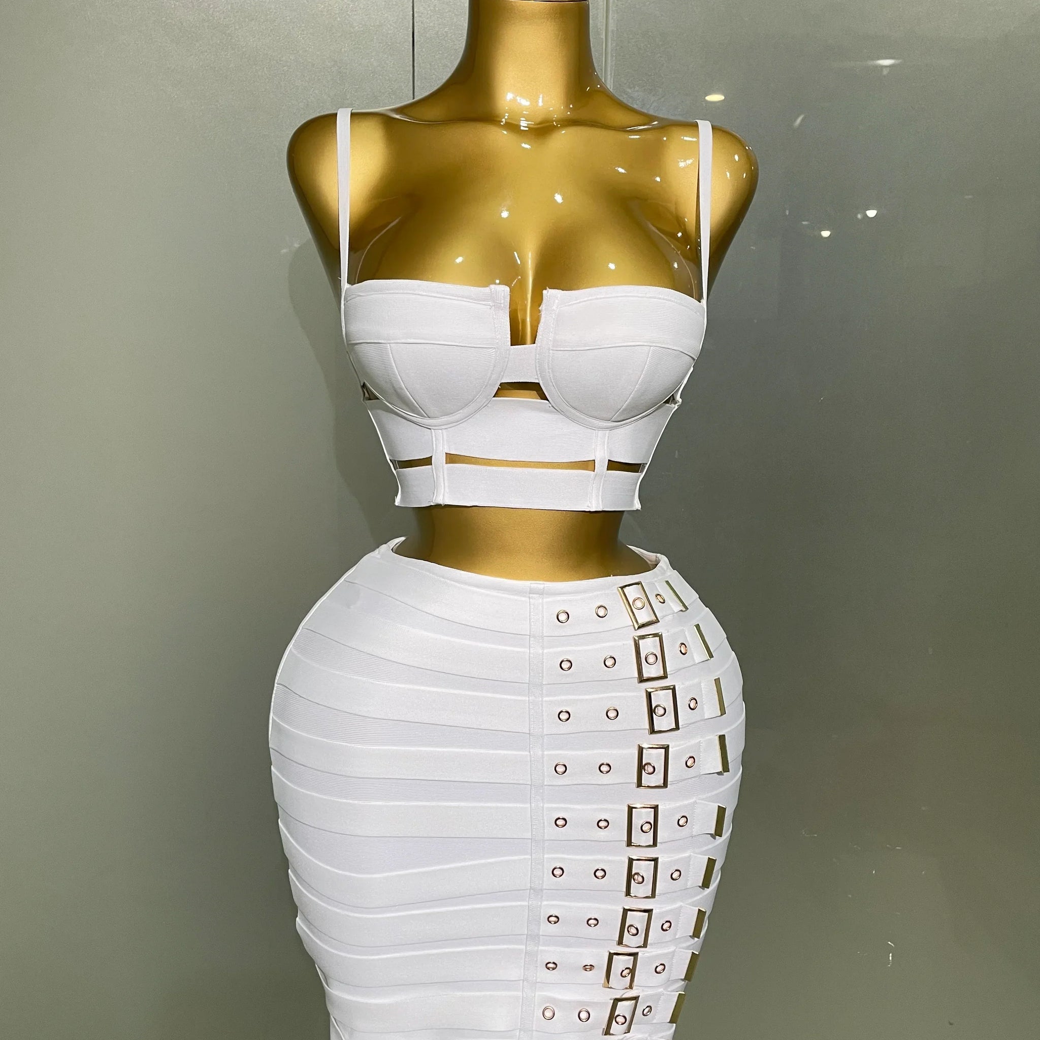 Women Sexy Bandage Tops Fashion Pencil Skirts Set Nightclub Party Celebrate Women's Set WHITE