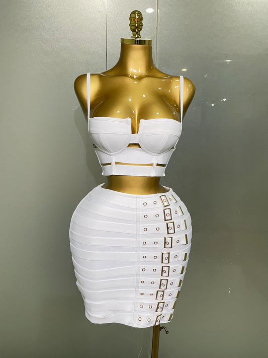 Women Sexy Bandage Tops Fashion Pencil Skirts Set Nightclub Party Celebrate Women's Set WHITE