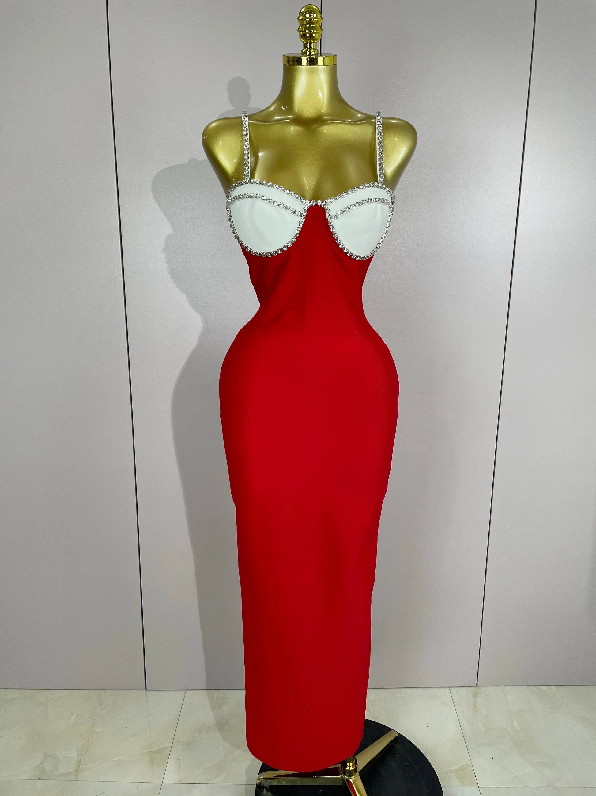 Women Celebrity Sexy Backless Diamonds Patchwork Black Red Maxi Long Bodycon Bandage Dress Elegant Evening Club Party Dress Red