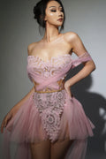 Grey Pink Black Women Sexy Strapless Mesh See Through 2 Pieces Long Dress Nightclub Birthday Party Celebrate Photo Shoot Wear Pink