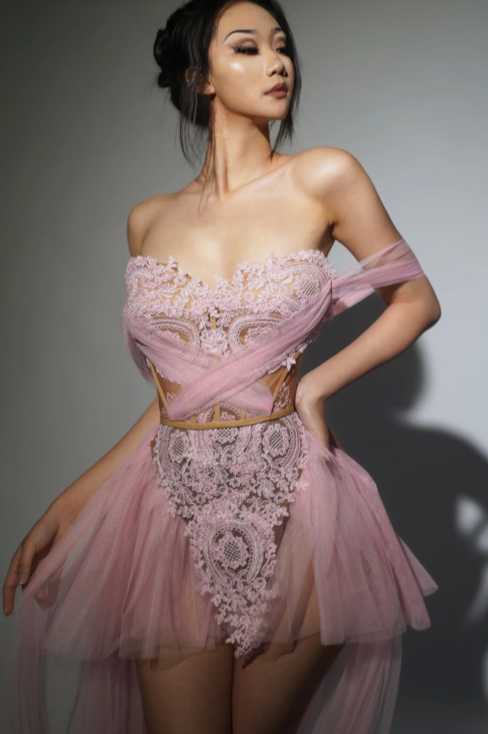 Grey Pink Black Women Sexy Strapless Mesh See Through 2 Pieces Long Dress Nightclub Birthday Party Celebrate Photo Shoot Wear Pink