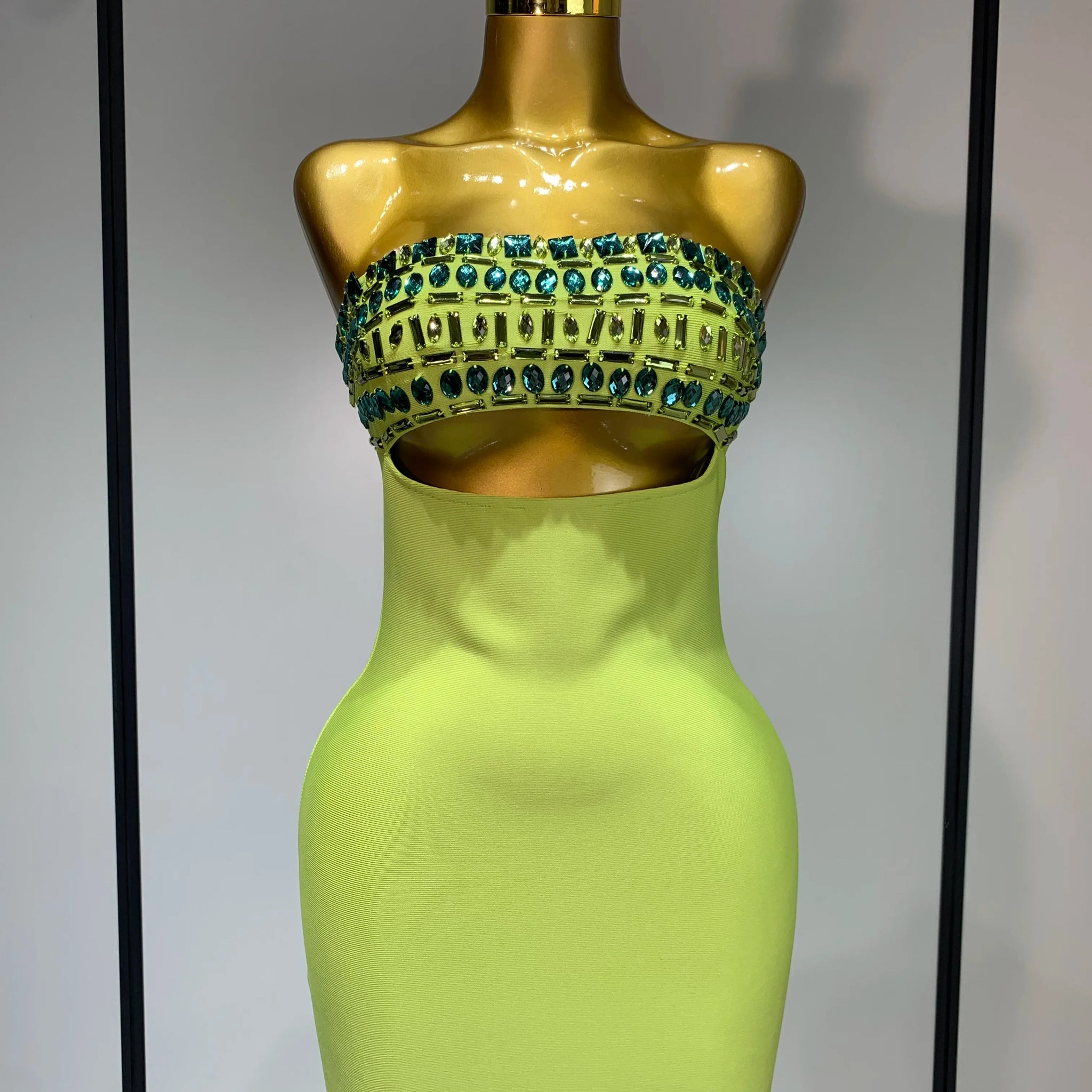 Women Celebrity Luxury Sexy Strapless Sparkly Diamond Cut Out Bodycon Bandage Dress Elegant Evening Club Party Birthday Outfit Light Green