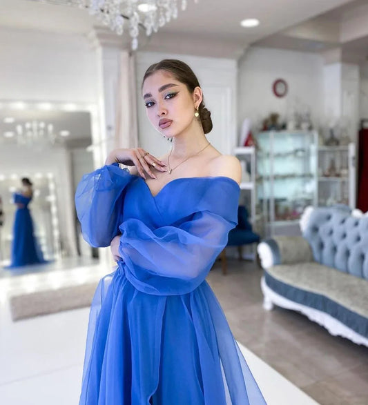 Elegant Blue A-Line Tulle Evening Dresses Off The Shoulder Puff Sleeves Prom Dress Formal Occasion Dress Party Gown