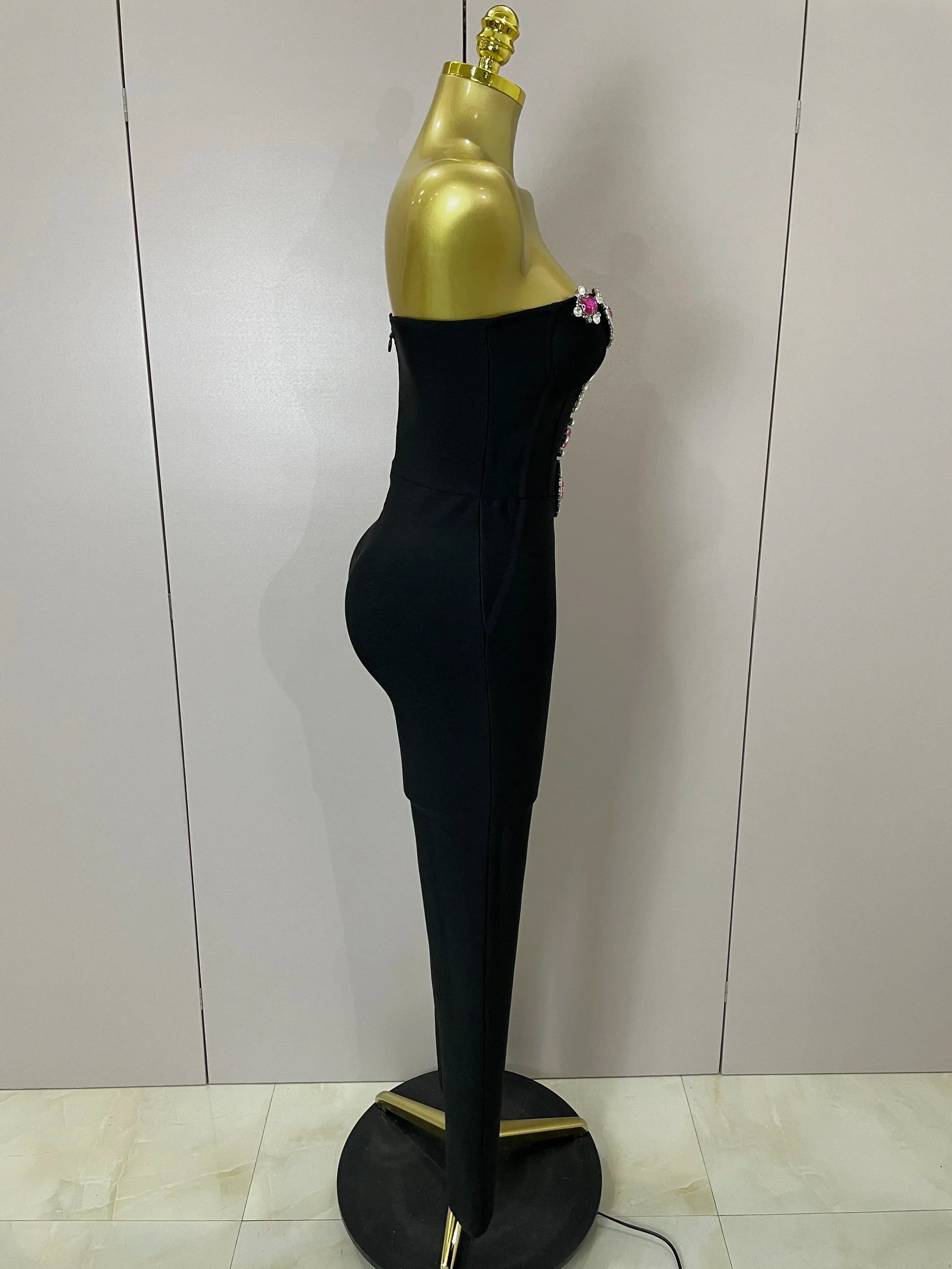 Luxury Sexy Strapless Backless Crystal Diamonds Black Bodycon Bandage Jumpsuit Women Celebrity Designer High Street Rompers