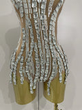 Sparkly Rhinestone Chain Sexy Transparent Sleeveless Bodysuit Women Party Nightclub Team Performance Costume Show Stage Wear