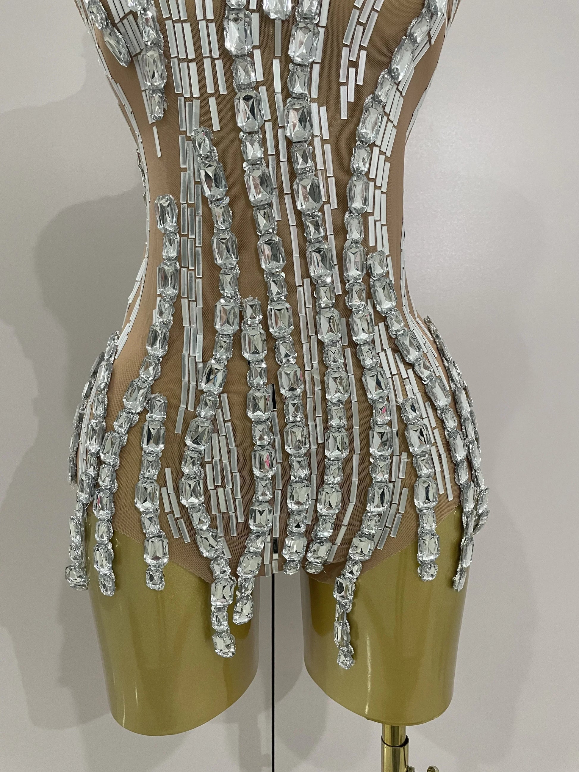 Sparkly Rhinestone Chain Sexy Transparent Sleeveless Bodysuit Women Party Nightclub Team Performance Costume Show Stage Wear