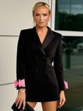 2024 Autumn Elegant Women's OL Medium length Blazer Collar Long Sleeve Double breasted Water Diamond Bow Decoration Blazer Dress