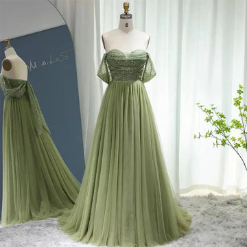 Green Shiny Sequin Off-Shoulder Prom Dress Sleeveless A-Line Tulle Floor-Length As Picture