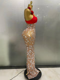 Sexy Sparkly Rhinestones Mesh Mirrors Red Roses Long Dress Women Elegant Evening Party Club Stage performance Costume