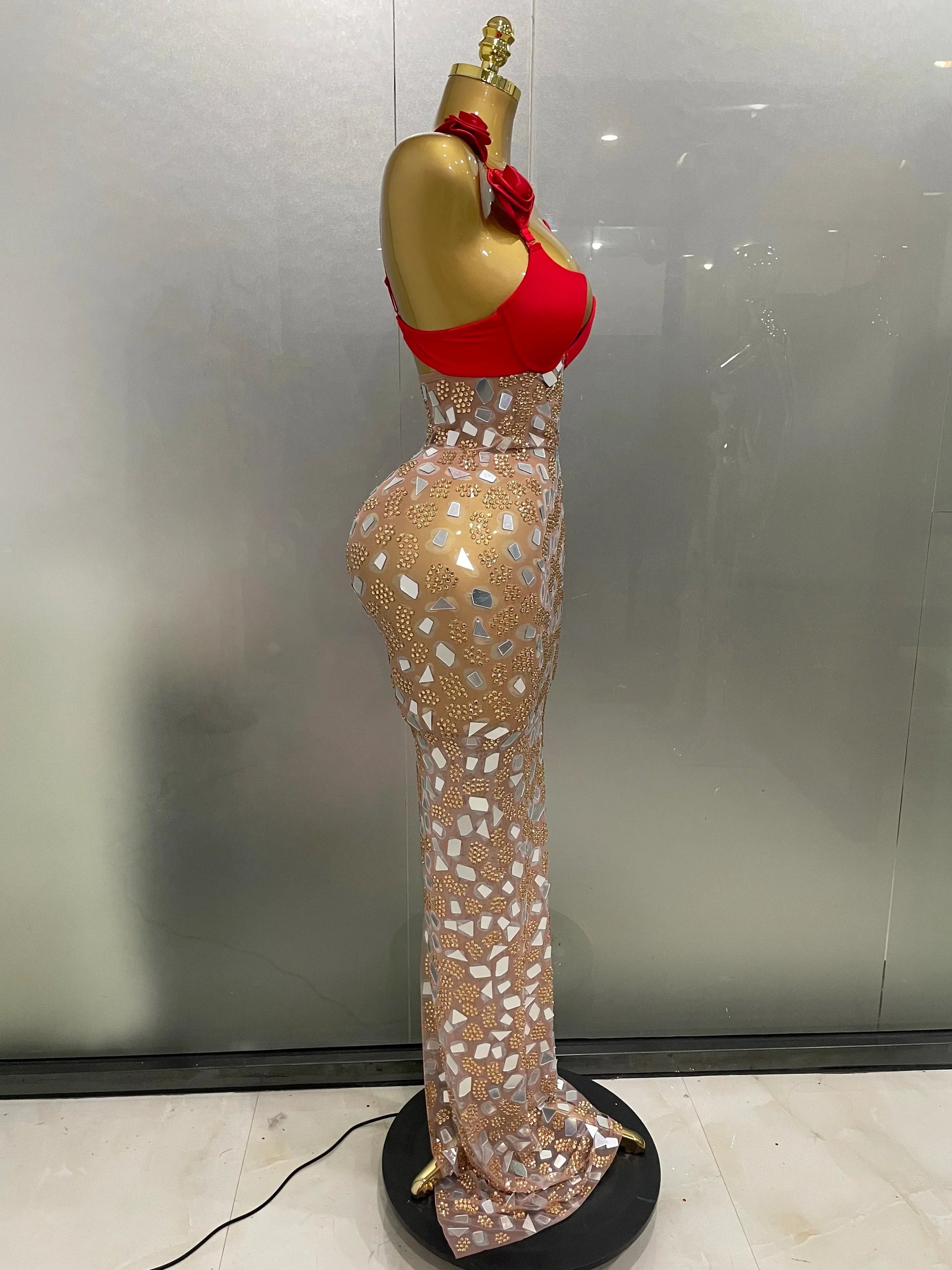 Sexy Sparkly Rhinestones Mesh Mirrors Red Roses Long Dress Women Elegant Evening Party Club Stage performance Costume