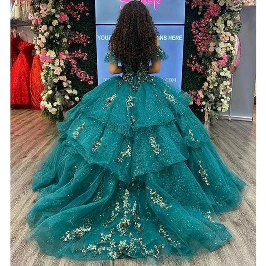 Glittering Emerald Green Quinceanera Dresses Beading Lace Appliques Vestidos De 15 Anos Formal Birthday Party Prom