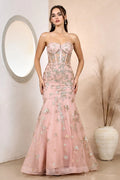 Strapless Prom Dresses Lace Appliques Tulle Mermaid Wedding Dress Shiny Sequins Floor-Length Vestidos De Fiesta Pink