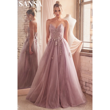 Sansa Dusty Pink Strapless A-line Prom Dress 3D Lace On Chest Vestidos De Noche Sweet Corset Side Split Party Dresses
