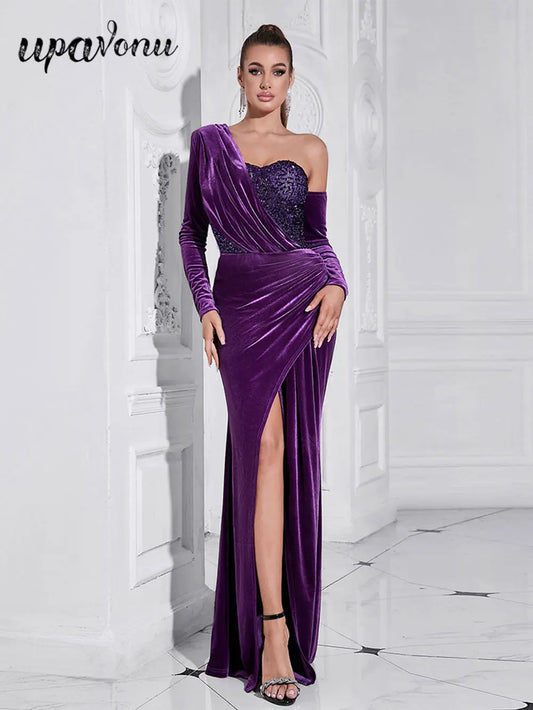 2024 Sexy Women Light Luxury Sparkle Velvet Dress with Diagonal Collar Long Sleeve Draped Bodycon Split Body Long Dress Vestidos