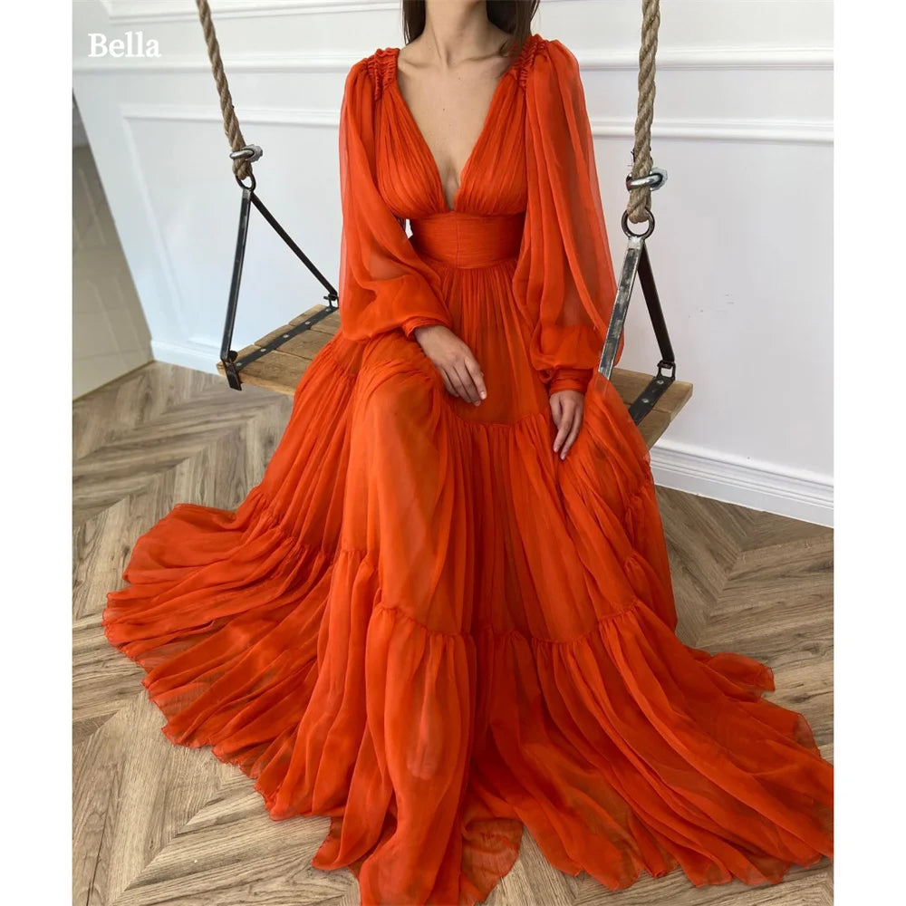 Orange Chiffon robes de soirée V-neck A-line Prom Dresses Elegant Long Puffy Sleeves Floor-length Wedding Dress