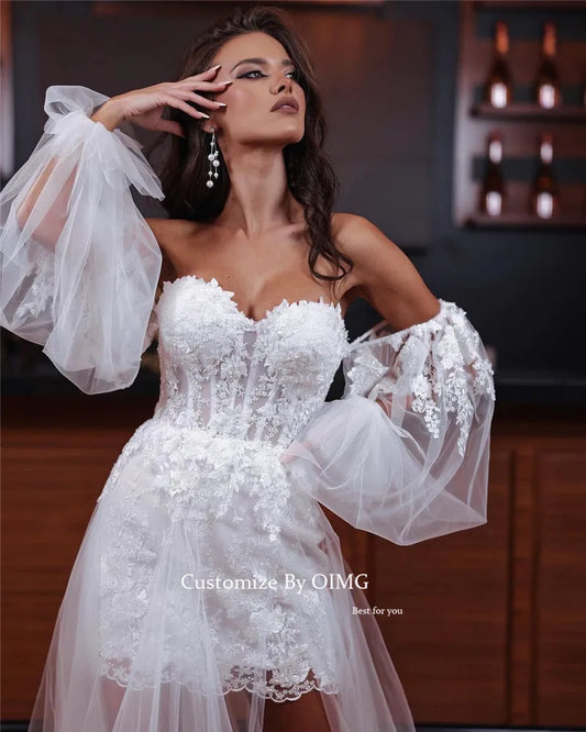 Two In One Detachable Short Wedding Dresses Lace Sweetheart Tulle Puff Long Sleeves Bridal Gowns Dubai Robe de mariage