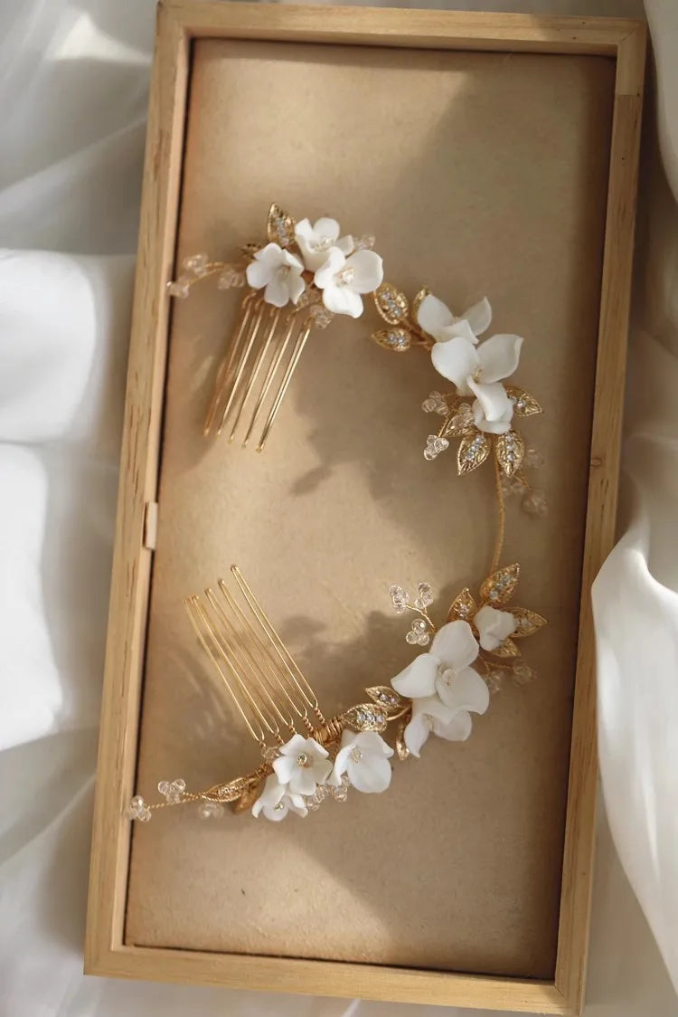 Bridal Jewelry Porcelain Flower Headband Hairband Vintage Gold Color Headpiece Headdress Brides Hair Comb Wedding Accessories