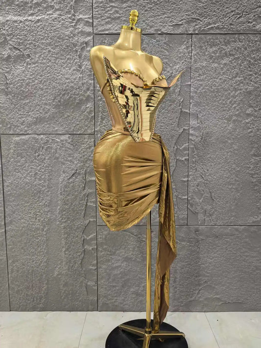 Golden Silver Women Sexy Strapless Shinning Crystal 2 Pieces Bodycon Mini Dress Birthday Party Photo Shoot Celebrate Stage Wear
