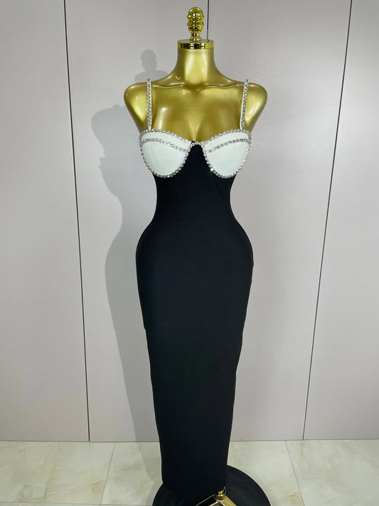 Women Celebrity Sexy Backless Diamonds Patchwork Black Red Maxi Long Bodycon Bandage Dress Elegant Evening Club Party Dress black