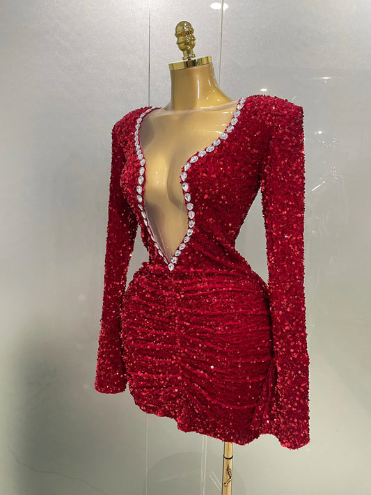 Sexy Shiny Red Sequins Rhinestones Sheath Mini Dress Women Evening Birthday Party Nightclub Stage Performance Costume