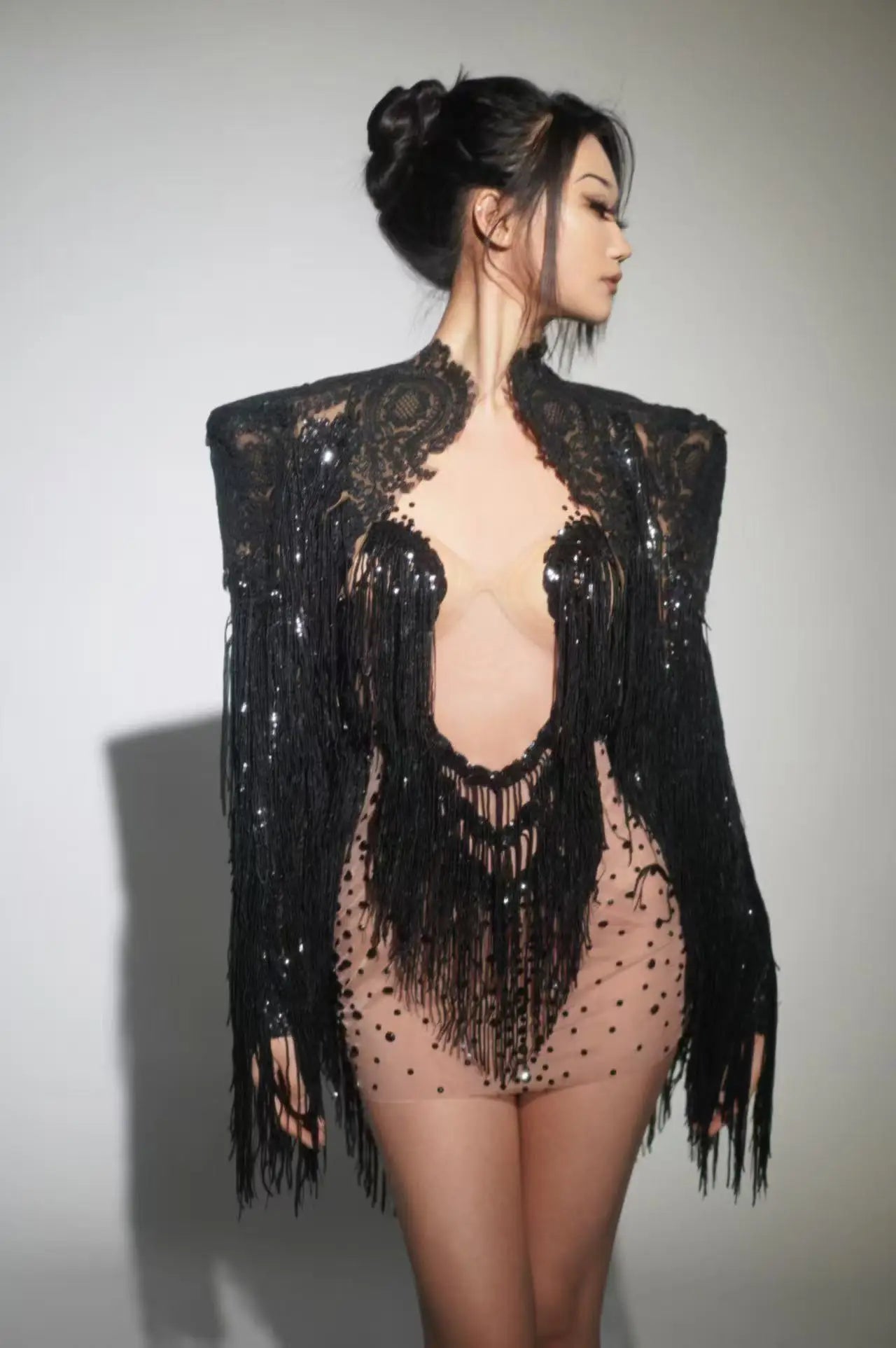 Sparkly Rhinestone Sequin Tassel Coat And Skirt 2Pcs Women Birthday Party Nightclub Dj Stage Performance Costume black