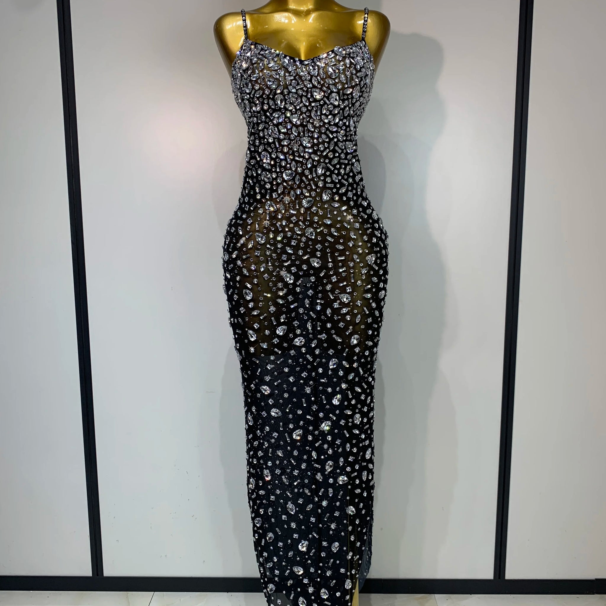 Women Sexy Sleeveless Rhinestone Bodycon Maxi Long Dress Evening Party Birthday Costume Bar Nightclub Stage Performance Clothing black