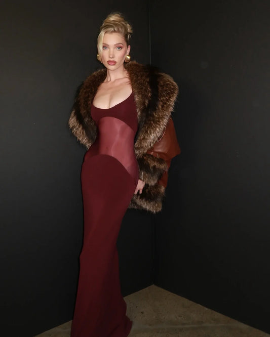 Celebrity Evening Party Dress Winered Color Women Sexy Strap Big O-Neck Bodycon Long Dress Celebrate Red Carpet Birthday Wear