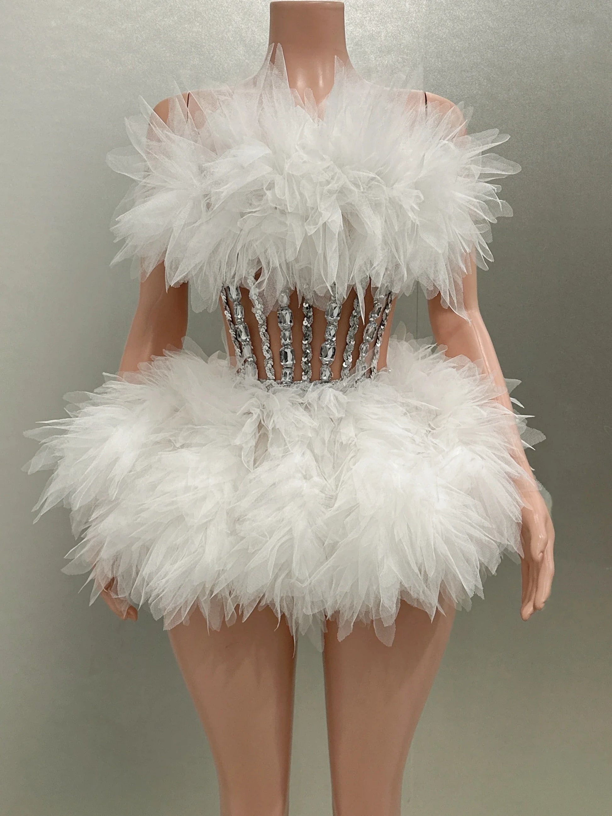 Celebrity Nightlcub Party Birthday Photo Shoot Dress Women Sexy Strapless Mesh Ruffles 2 Pieces Ball Gown Mini Dress Ivory