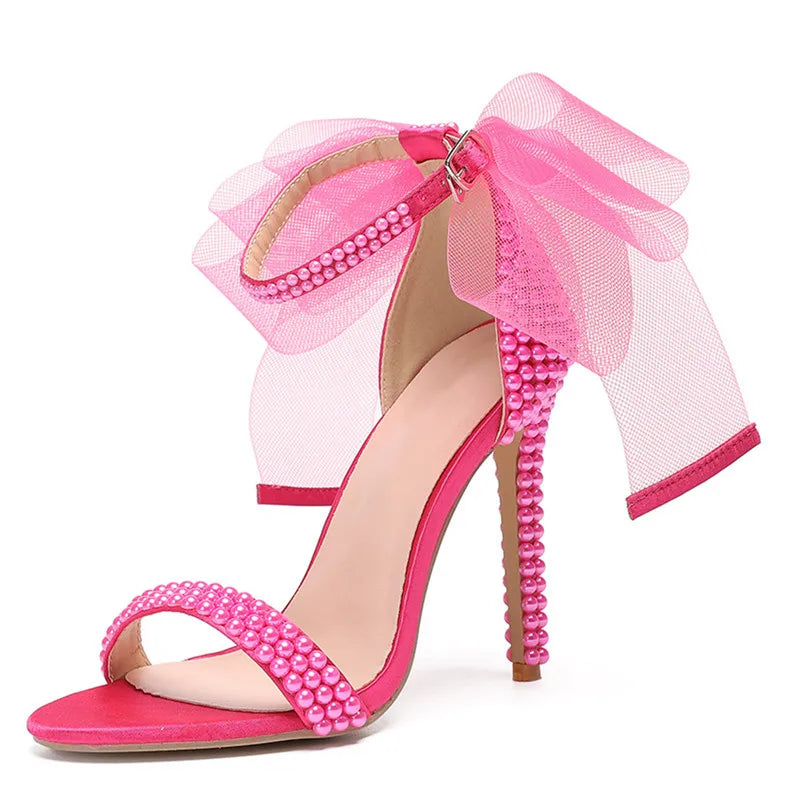 Summer New brand Fashion Bowknot Beading Women Gladiator Sandals Luxury Pearls White thin High heels Wedding Bridal Party Shoes Rose