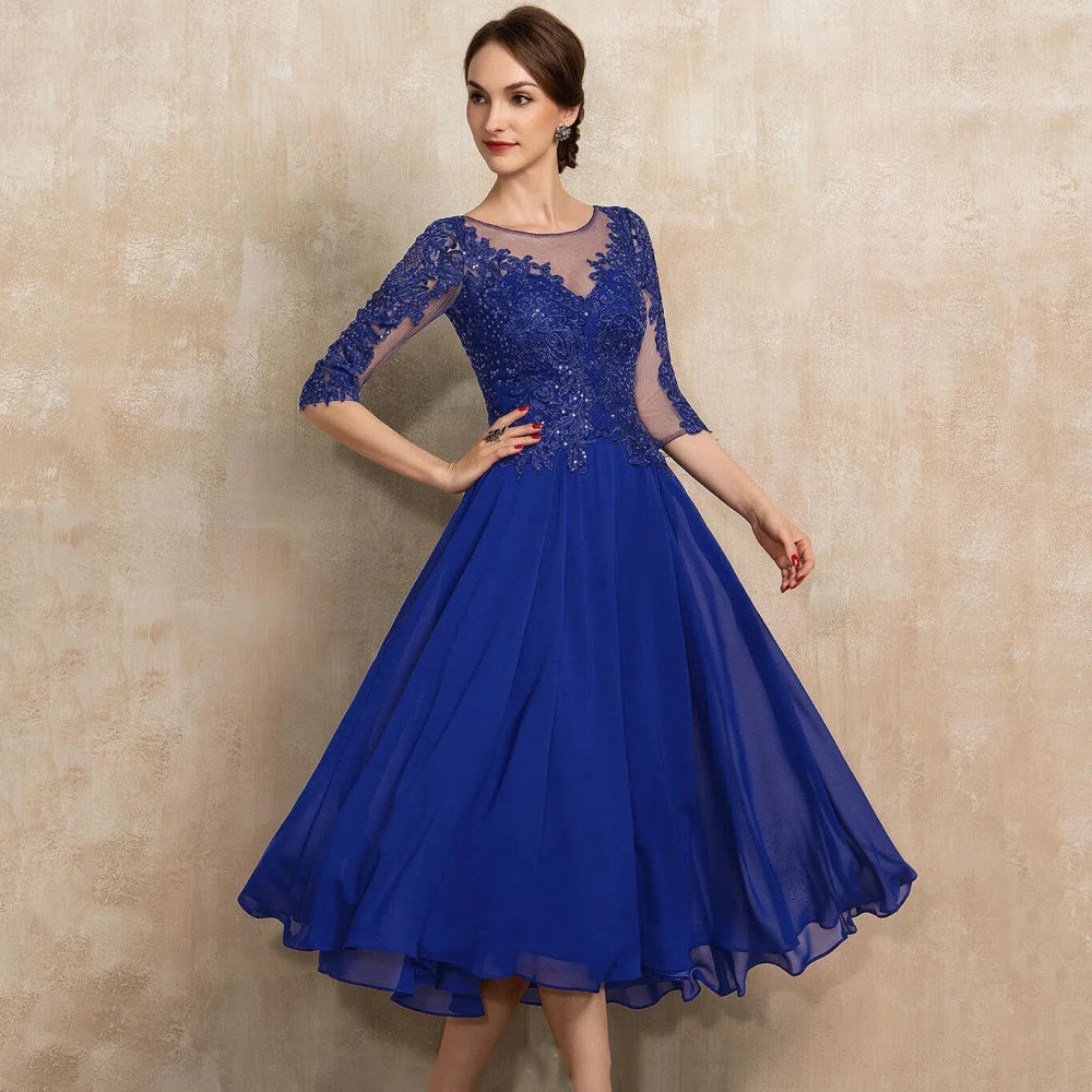 Mother Of The Bride Dress - O Neck Customized Mother of Dresses Sequined Appliques Evening Gowns Elegant A Line Bride Party Dress robes invitée mariage Blue