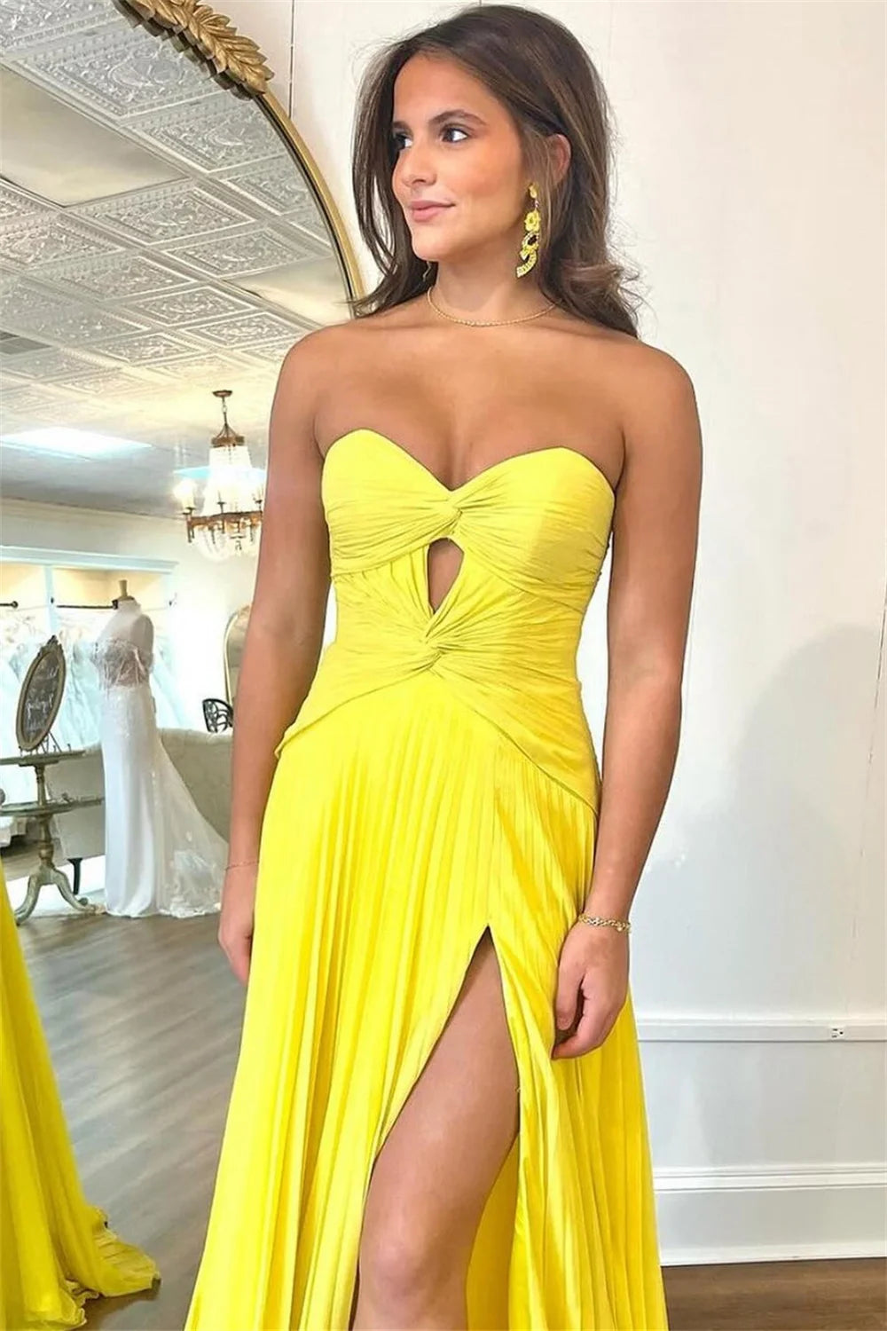 Strapless Chiffon Prom Dresses Mermaid Wedding Dress Elegant Sleeveless Floor-Length Side Split Vestidos De Fiesta Yellow