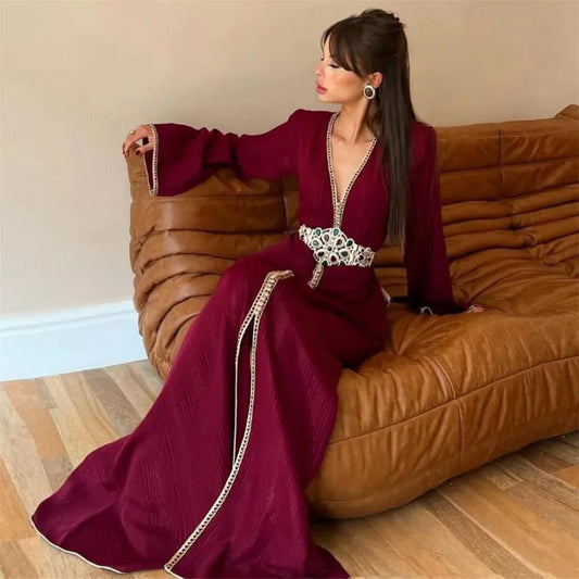 Modest Burgundy Karakou Algerian Evening Dresses A-Line Deep V-Neck Long Flare Sleeves Floor Length Formal Prom Gowns Burgundy Floor Length