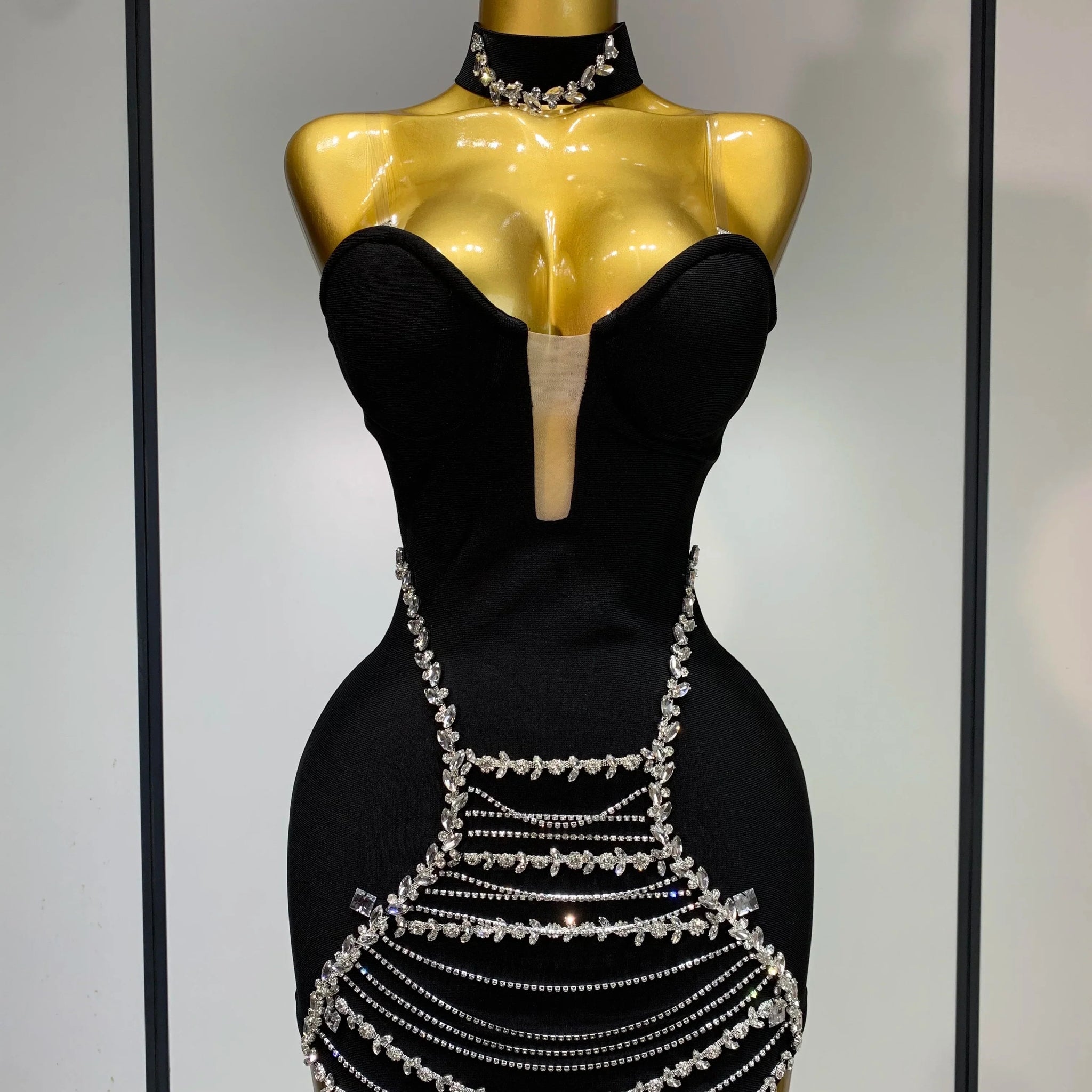 Sparkly Rhinestones Chain Bodycon Strapless Mini Bandage Dress Women Backless Luxury Birthday Evening Party Club Dresses black